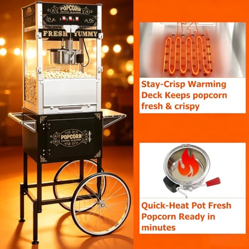 Image of 32oz Commercial Popcorn Machine with Wheels, Vintage Black Cart with Stand | 32OZ Stainless Steel Kettle, Tempered Glass Professional Pop Corn Maker, Large Capacity for Hallloween Parties, Home Theater