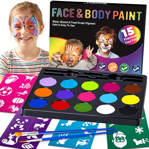 Drawdart Face Painting Kit for Kids - 15 Colors Non-Toxic Water Based Face Paint with Stencils &...