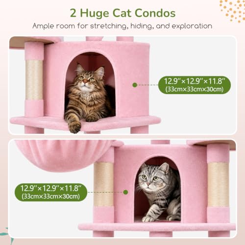 Image of Globlazer 66in Pink Corner Cat Tree Tower for Indoor Large Cats, C66, Pink | Space-Saving Stable Cute Cat Tower with 6 Scratching Posts, 2 Large Fan-shaped Condos & Top Perch, Hammock, Climbing Steps