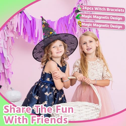 Kenning 24 Sets Witch Merch Friendship Bracelets Witch Hat Princess Crown Pink and Green Friendship Bracelets with Cards BFF Couples Set Movie Matching Gifts for Best Friends Fans Birthday Party Decor4