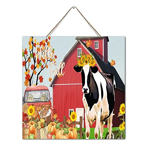 Panneau en bois Hello Fall déco vache 30cm pour salon