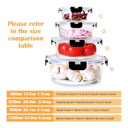 8 Piece Black Glass Container Set (20.9+43.9 OZ) - Round Meal Prep Containers With Lids for Microwave, Oven, Freezer and Dishwasher