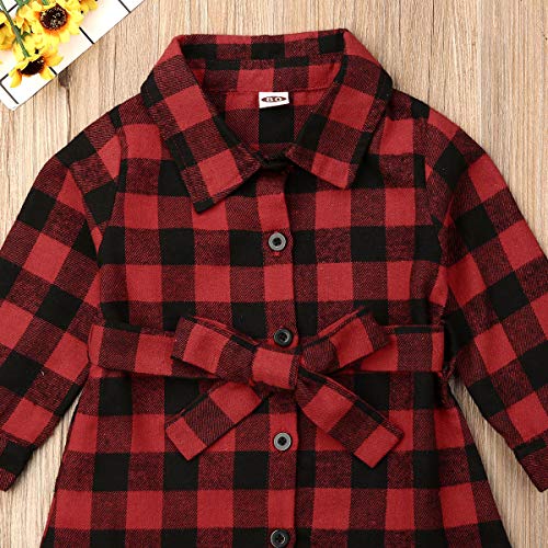 Kayotuas Toddler Kids Baby Girl Plaid Dress Long Sleeve Belted Botton Down Shirts Dresses Infant Fall Outfits4