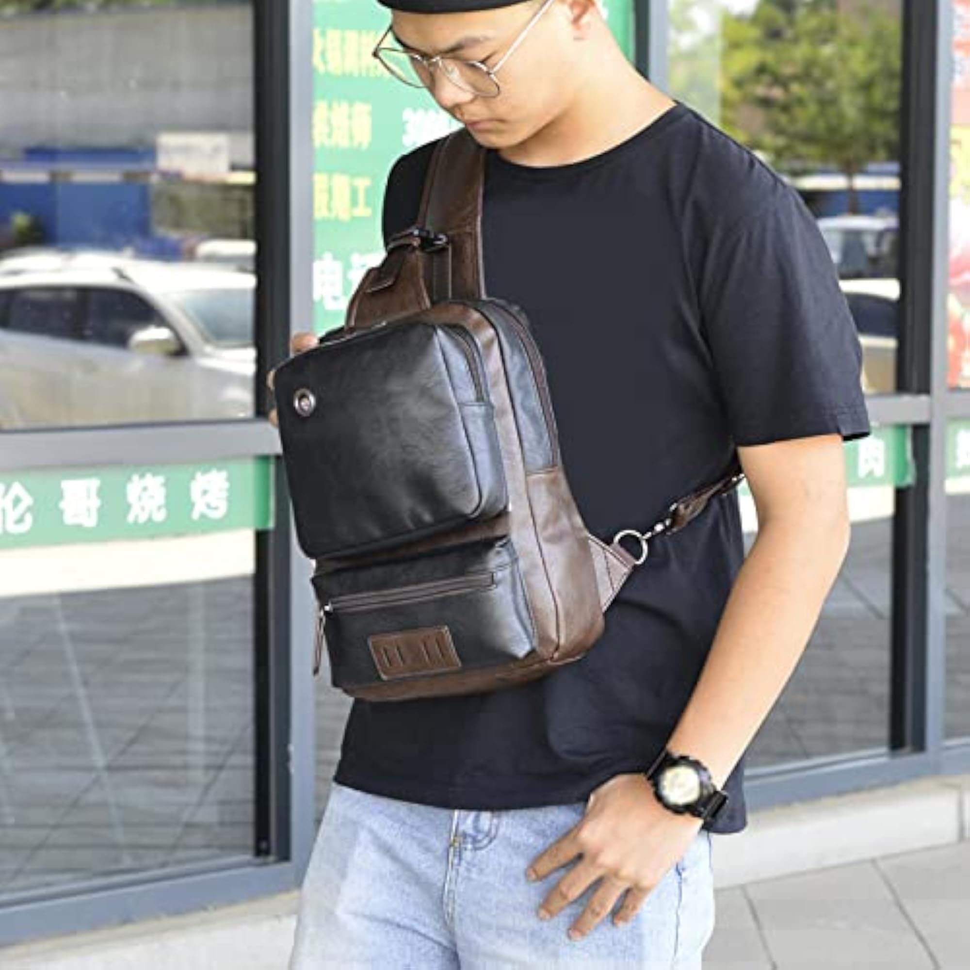 Men's Black Sling Bag with USB Charging Port