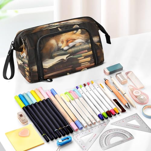 Image of Fox Cartoon Pencil Case Pouch Big Capacity Pencil Bag Box Organizer Pen Case with Handle Stationery Organizer for Girls Boys Women Kids Adults School