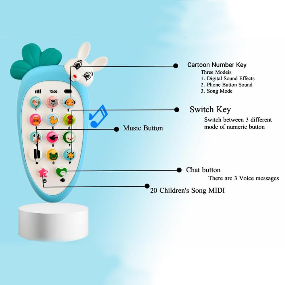 PARTEET Cute Carrot Shaped Pretend Play Musical Cell Phone Toy for Kids Toddlers with Music, Ringtones, Lights - Birthday Party Favors and Gifts for Girls (Battery Not Included) (Blue) - Image 2 thumbnail