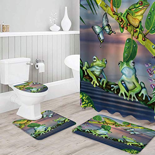 Zgdpbyf 4-Piece Shower Curtain Set Cartoon Animals Green Leaf Branch Frog Waterproof Shower Curtains Bathroom Decor Bathroom Set With Shower Curtain- 4-Piece_Set #TOP1