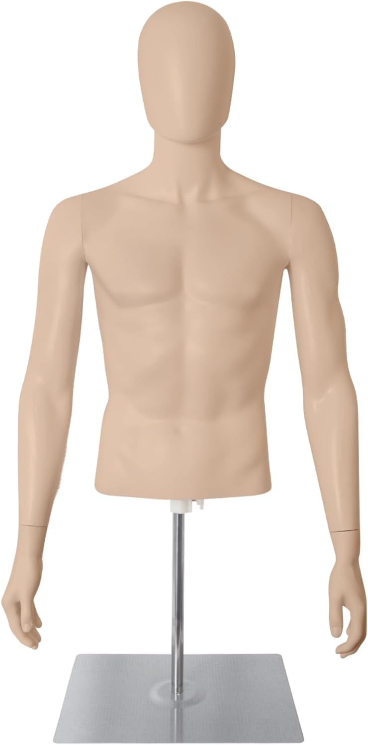 Male Mannequin with Metal Stand Adjustable Plastic Half Body Display Mannequin Head, for Retail Clothing Shops (Skin)
