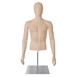 SHAREWIN Male Mannequin with Metal Stand Adjustable Plastic Half Body Display Mannequin Head, for Retail Clothing Shops (Skin)