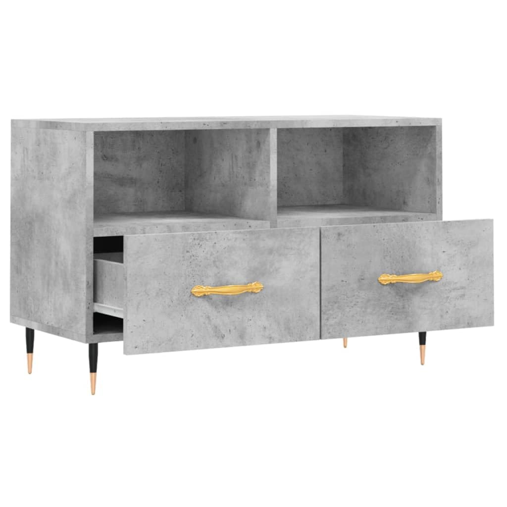 Mobile TV grigio cemento in legno con gambe in ferro, 80 x 36 x 50 cm, mobile basso con vano portaoggetti, cassetti e ripiano, mobile moderno per soggiorno, per gaming, home theater e