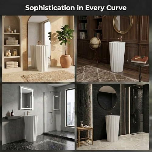 Image of BASSINO 19x19x34 Inches Ceramic Pedestal Wash Basin /7 Years Warranty /One Piece Free Standing Basin For Bathroom /Living Room /Salons /Round Modern Sink For Hotel /Floor Mounted Washbasin(White Glossy)