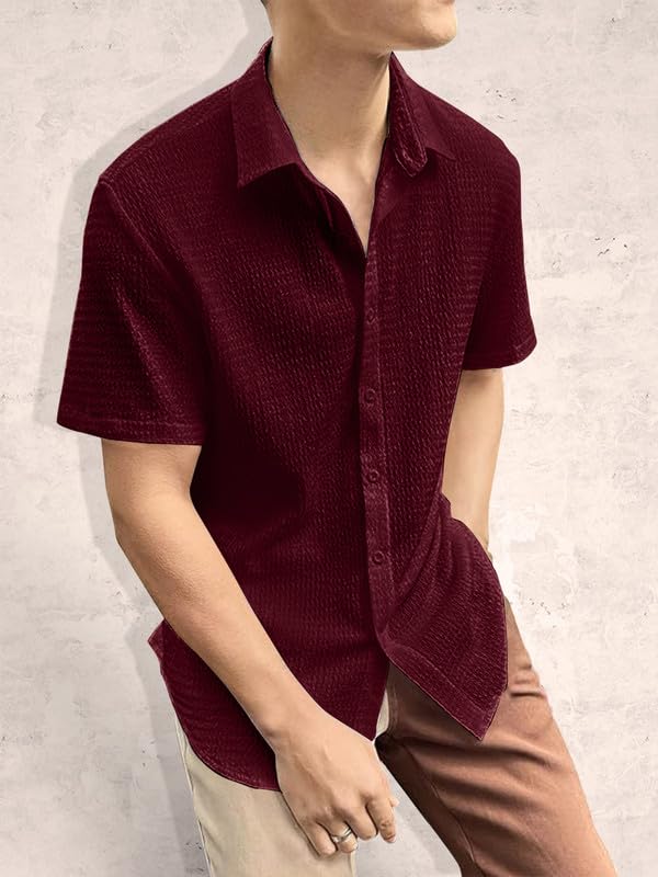 Image of Pinkmint Popcorn Shirt for Men Soild Slim Fit Sleeve Spread Collar Trendy Men Shirt Summer Wear Goa Wear Olive