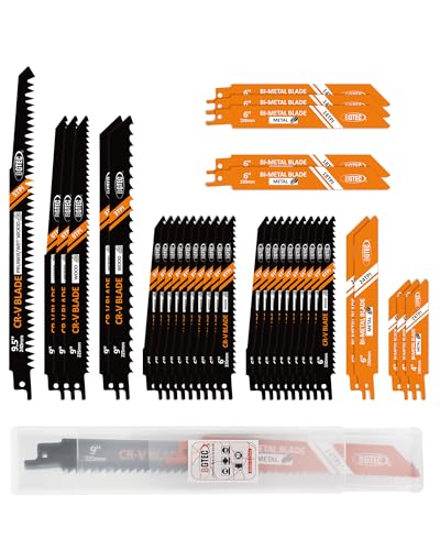 BGTEC Juego de 36 hojas para sierra sable, hojas de repuesto Cr-V/Bi-metal para poda de árboles, madera, metal y plástico, con estuche de plástico