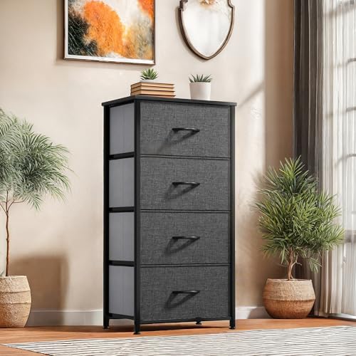 GOOBED Storage Tower with 4 Drawers - Fabric Dresser, Organizer Unit for Living Room, Closets - Sturdy Steel Frame, Easy Pull Fabric Bins & Wooden Top