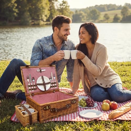 Image of Multifunctional Wicker Picnic Basket Set for 2 Adults with Picnic Table and Blankets,Large Insulated Picnic Set with Wine Pouch and Full Tablewares for Camping Outdoor Couples Beach Wedding,Pink