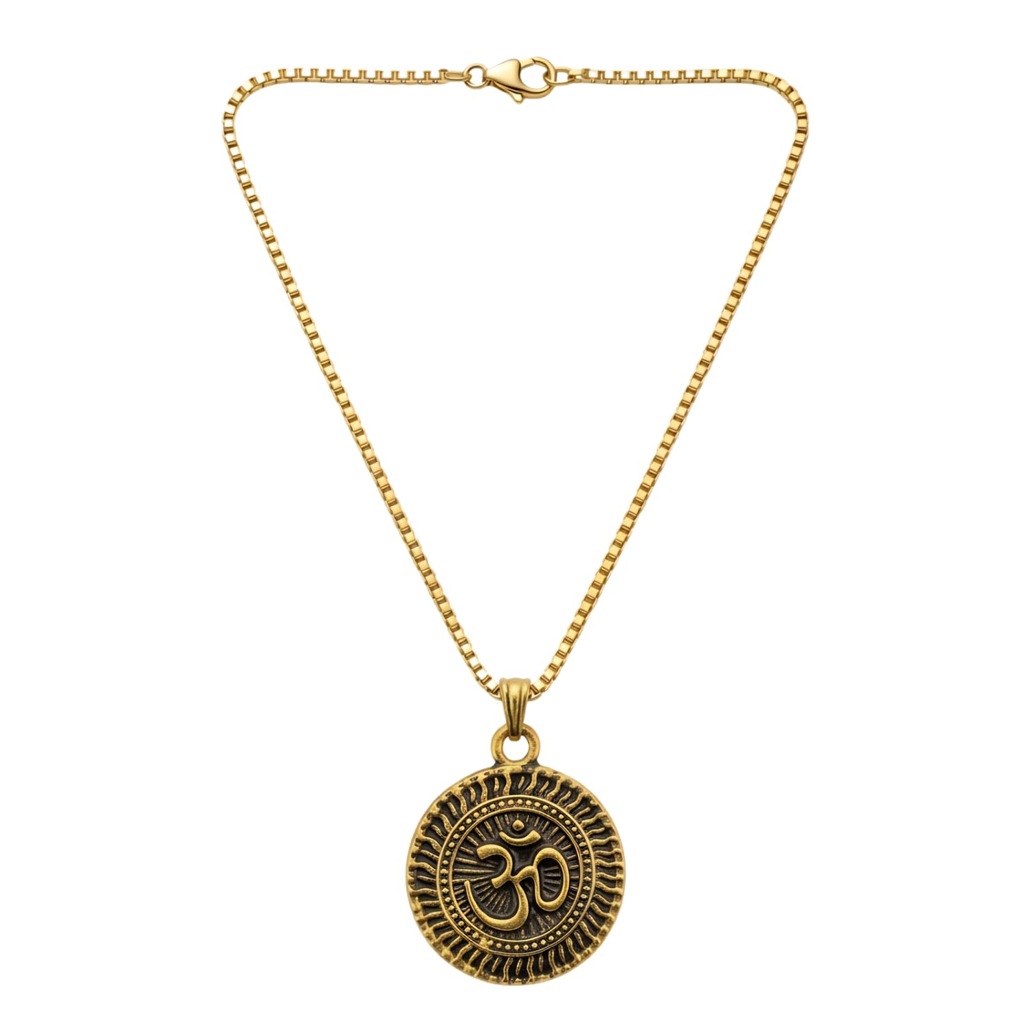 Gold Plated Om Pendant Necklace with Box Chain for Men & Women | Antique Finish Religious Round Medallion Locket | Spiritual Aum Hindu Sign Jewellery for Peace, Positive Energy & Gifting-image-22