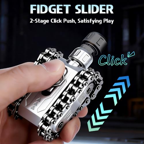 Image of Fidget Slider Chain Spinner 4 in 1 Heavy Duty Tank Hand Roller Toy, Tactile Clicking Sound Haptic Fidget Toy, EDC Anxiety Focus Sensory Tool Gift for Men Teen Boy, Silvery /Metal