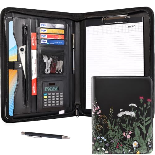 Image of Eshow Padfolio for Men Women with Pen, Leather Portfolio with Zipper - Professional Interview Resume Organizer with Card Holder, Writing Pad & File Folders for Business, Lawyer, Student