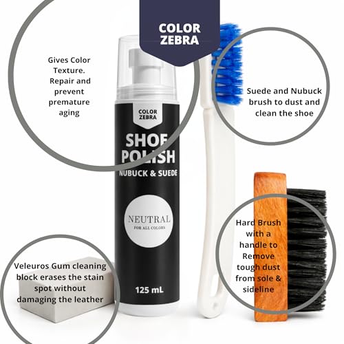 Image of Color Zebra Nubuck & Suede Shoe Polish and Shoe Care Kit | 125 ML Renovator with Handled Brush, Wooden Suede Brush & Cleaning Block