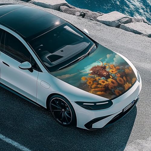 Image of Highland Cow Car Hood Cover, Rural Sunflower Field Elastic Auto Hood Protector Stretchable Polyester, Farm Diary Cattle Car Bonnet All-Season Protection