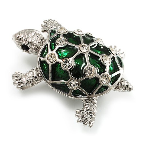 Image of Cute Green Enamel Crystal Turtle Brooch (Rhodium Plated)