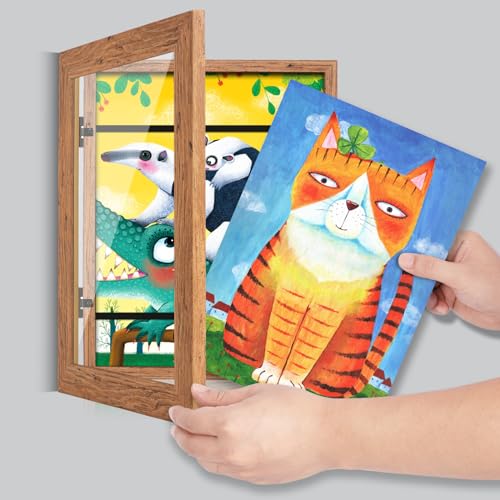 Image of [2-Pack] Kids Art Frames, 8.5x11 Front Opening Kids Artwork Frames Changeable, Dark Woodgrain Artwork Display Storage Frame for Wall, Holds 50 Pcs, for 3D Picture, Crafts, Children Drawing, Hanging