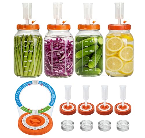 Hersolm Fermentation Kit for Wide Mouth Mason Fermenting Jar, 4 Glass Weights,4 Lids with Date Marker,4 Airlocks (No Jars) Complete Pickling Sauerkraut Kit