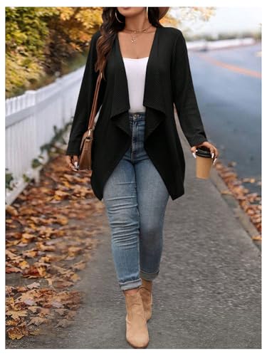 Image of RoseSeek Women's Plus Size Knit Cardigan Asymmetrical Open Front Long Sleeve Casual Knit Sweater Coat Black XX-Large Plus