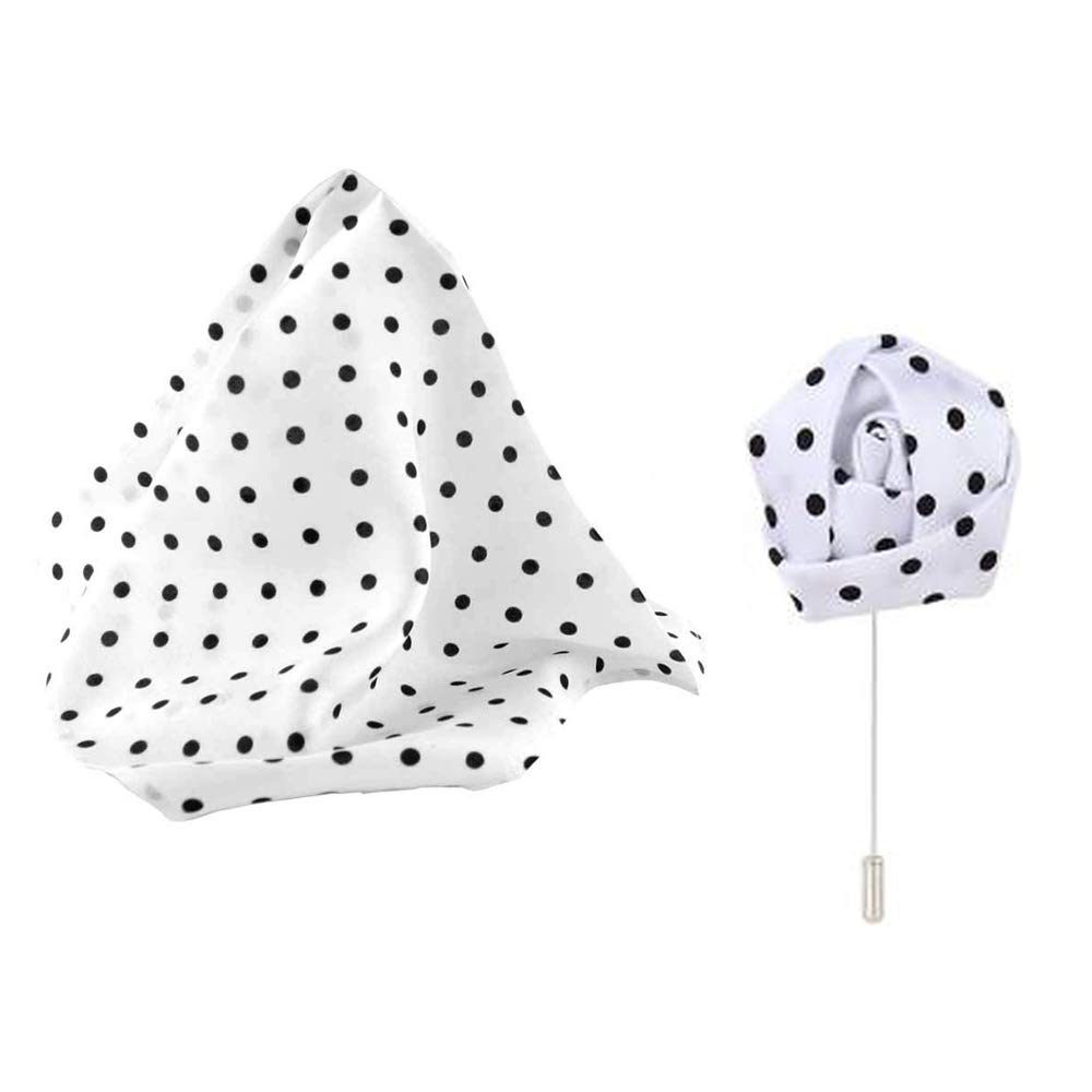 White Polka Black Dot Mens Solid Silk Satin Pocket Square Wedding Handkerchiefs Along With Handmade Polyester Rosebud Lapel Men Brooch Boutonniere Tuxedo Pin- Pack of 2-image-15