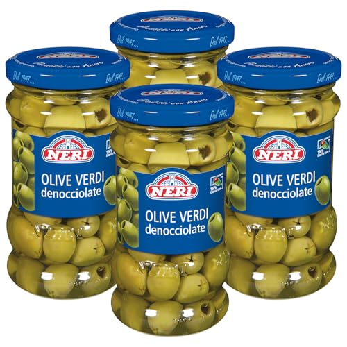 Neri Sottoli - Olive Verdi Denocciolate - Ideali come Condimento per Primi e Secondi piatti, Insalate e come Antipasto - Sapore Delicato e Gustoso - 4 Confezioni da 290 g