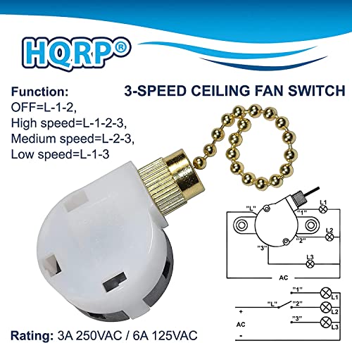 Image of HQRP Ceiling Fan Pull Chain 3-Speed 4-Wire Control Switch Compatible with Westinghouse Ceiling Fan, Function L-1-2-3, L-2-3, L-1-3, L-1-2 + HQRP Coaster