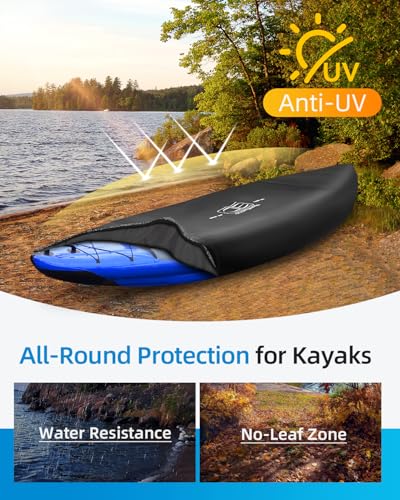 Image of OCEANBROAD Kayak Cover(Non-Fishing) UV&Water-Resistant for Outdoor Storage | 600D Black with Strap, For 9.3-10.5ft x 34in, UPF 50+, Water-Resistant, UV-Resistant, Outdoor Storage, Kayak Accessories