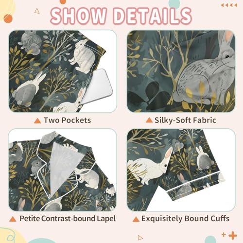 senya Cute Rabbit Tree Satin Summer Pajama Sets Silk Short Sleeve Button Down Sleepwear3