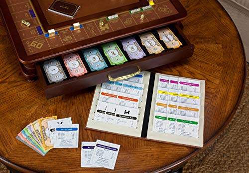 Monopoly Luxury Edition by WS Game Company, Burl Wood Cabinet with Gold Foil Stamped Game Board, Faux Leather Rolling Area, and 2 Storage Drawers, Premium Board Games for 2-6 Players