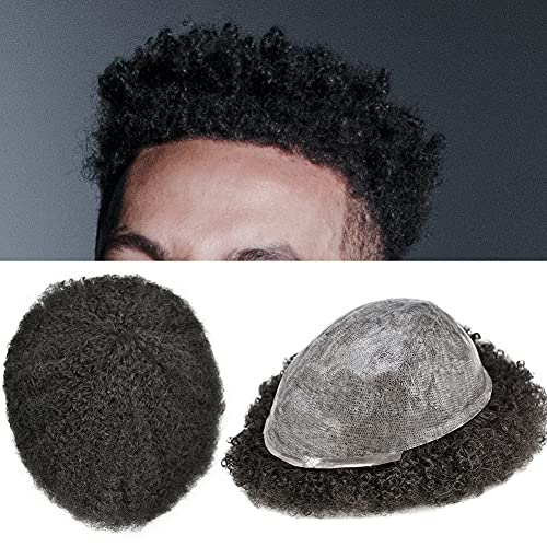 SINGA HAIR Afro Toupee For Black Men Replacement System 6mm Invisible Full Poly PU Injection Afro Wave Human Hair Thin Skin Men Hairpieces Natural Looking African American Men Wig Unit (1B# Off Black-6mm)