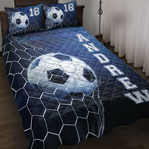 OhaPrints Custom Soccer Ball in Net Blue Player Fan Personalized Name Number Quilt Blanket & Pillowcases, Quilts Bedding Set & Pillow Cover, King Queen Double Twin Throw Full Size Bedspread Bed Sets