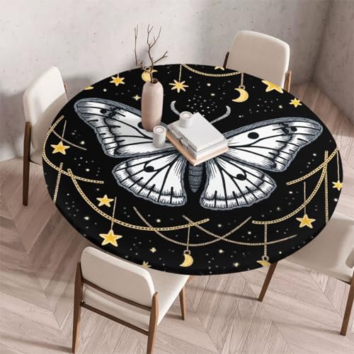 Treer Mantel Antimanchas Redondo, Manteles de Mesa con Ajustable Borde Elástico, Mantel Mesa Redonda, Manteles Lavable Exterior para Picnic Comedor Cena - Serie Mariposa Elegante (Negro,200cm)