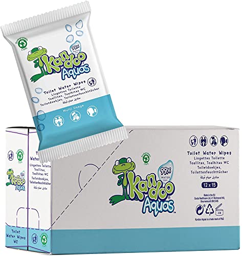 KANDOO Aquas - Funda de 15 toallitas desechables multiusos 99% agua, paquete de 12 fundas de viaje