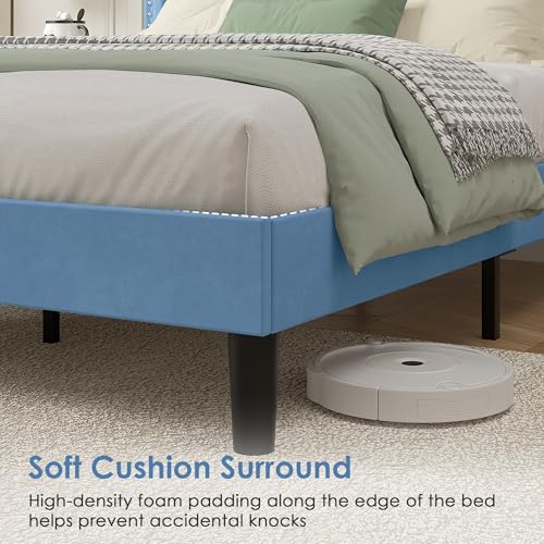 Image of VECELO Queen Size Platform Bed Frame with Height Adjustable Upholstered Headboard, Modern Mattress Foundation,Strong Wood Slat Support, No Box Spring Needed, Easy Assembly,Light Blue