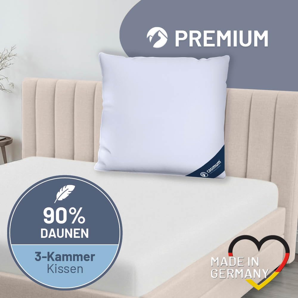 Daunenkissen 80x80 cm, Premium 3-Kammer Daunen Kopfkissen, Made in Germany | 90% Daunen (Außen), Daunen Kissen für Allergiker NOMITE, Dreikammerkissen aus 100% Baumwolle, OEKO-TEX STANDARD 100