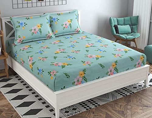 Image of KAWI 240Tc Cotton Feel Glace Cotton Elastic Fitted Printed King Size Double Bed Bedsheet with 2 Pillow Cover(FITS UP to 72 inchx78 inchX8 inch Mattress Size) Green Colour Patti Print