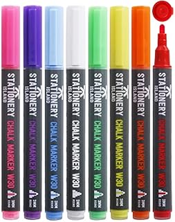 STATIONERY ISLAND Liquid Chalk Pens Markers for Whiteboard Wet Erase Chalk Marker Pens Wipeable for Blackboard, Chalkboard, Window, Glass, Signs and Mirrors - 3mm Bullet Nibs (Coloured Pack of 8)