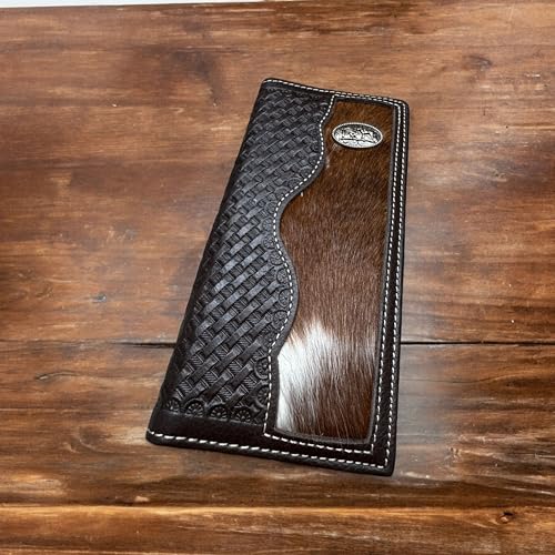 Men’s Long Leather Wallet – Hand Tooled Basketweave Bifold with Cowboy Praying Concho and Hair-On Cowhide – Rodeo Checkbook Wallet for Faith-Based Western Gifts2