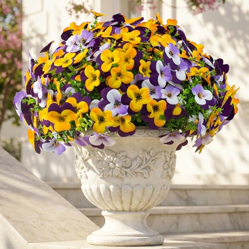 16 Pcs Artificial Pansy Flowers for Outdoor Faux Silk Spring Flowers for Outside UV Resistant Realistic Pansies for Window Front Door Porch and Home Decor (16 Purple Yellow White Light Purple)