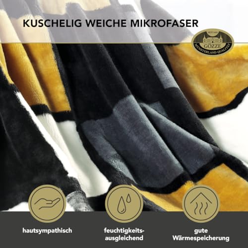Gözze - Weiche Kuscheldecke, Cashmere Feeling, Hohes Stoffgewicht 500 g/m², Antigua, 150 x 200 cm - Senf/Schwarz/Weiß