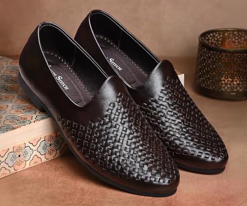 Image of LOUIS STITCH Men's Ethnic Weaved Textured Slip On Mojari's | Stylish Nagra Juti for Men | Lightweight and Comfortable Stylish Juti's and Mojari's for Kurta Pajama | LSAXNGWE