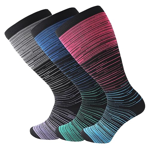 Blaward 3 Pair Plus Size Compression Socks for Women Men Wide Calf 15-25mmhg Extra Large Knee High Support Stockings