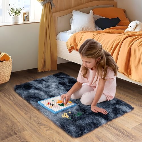 Small Area Rug, 2x3 Rug for Bedroom Shaggy Throw Rugs for Dorm Rug, Soft Tie Dyed Carpet for Kids Room, Plush Non-Slip Fluffy Bedside Rug for Home Decor Aesthetic, Blue Grey