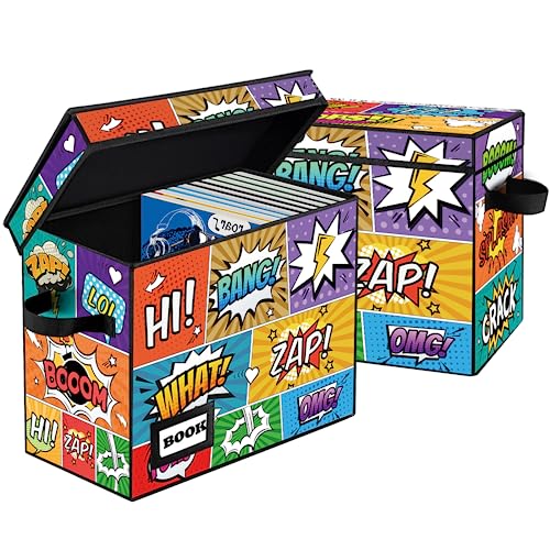 Image of 2 Pack Comic Book Storage box, Collection 15.8 inch X 7.8 inch X 11.8 inch, Collapsible Holds 160-180 Comic Book Short Box Organizer Container Holder Shelf(Cartoon Colorful)