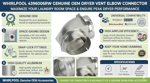 Image of Whirlpool 4396006RW Genuine OEM Dryer Vent Elbow Connector, 90-Degree Close-Turn, 4-Inch Aluminum Space-Saver Accessory (Pack of 2)